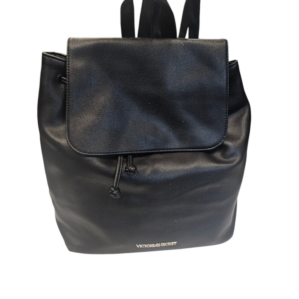 Victoria's Secret Black Faux Leather Drawstring Backpack. 11.5" tall. 2016